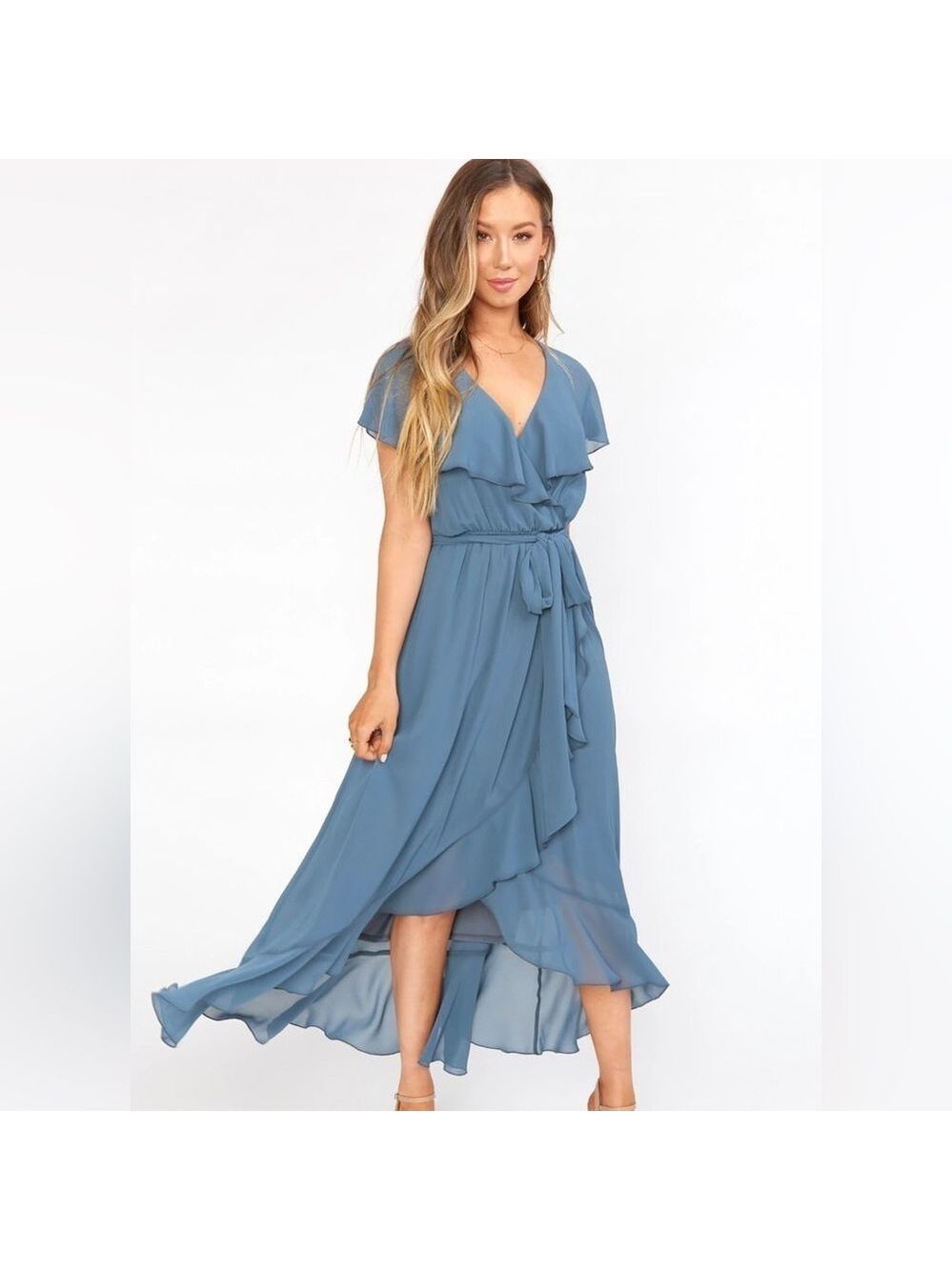 Show Me Your Mumu Jess Ruffle Midi Dress Slate Blue Small